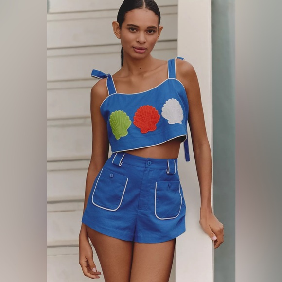 FARM Rio Pants - FARM RIO Blue Crop Top and Shorts Set Embroidered